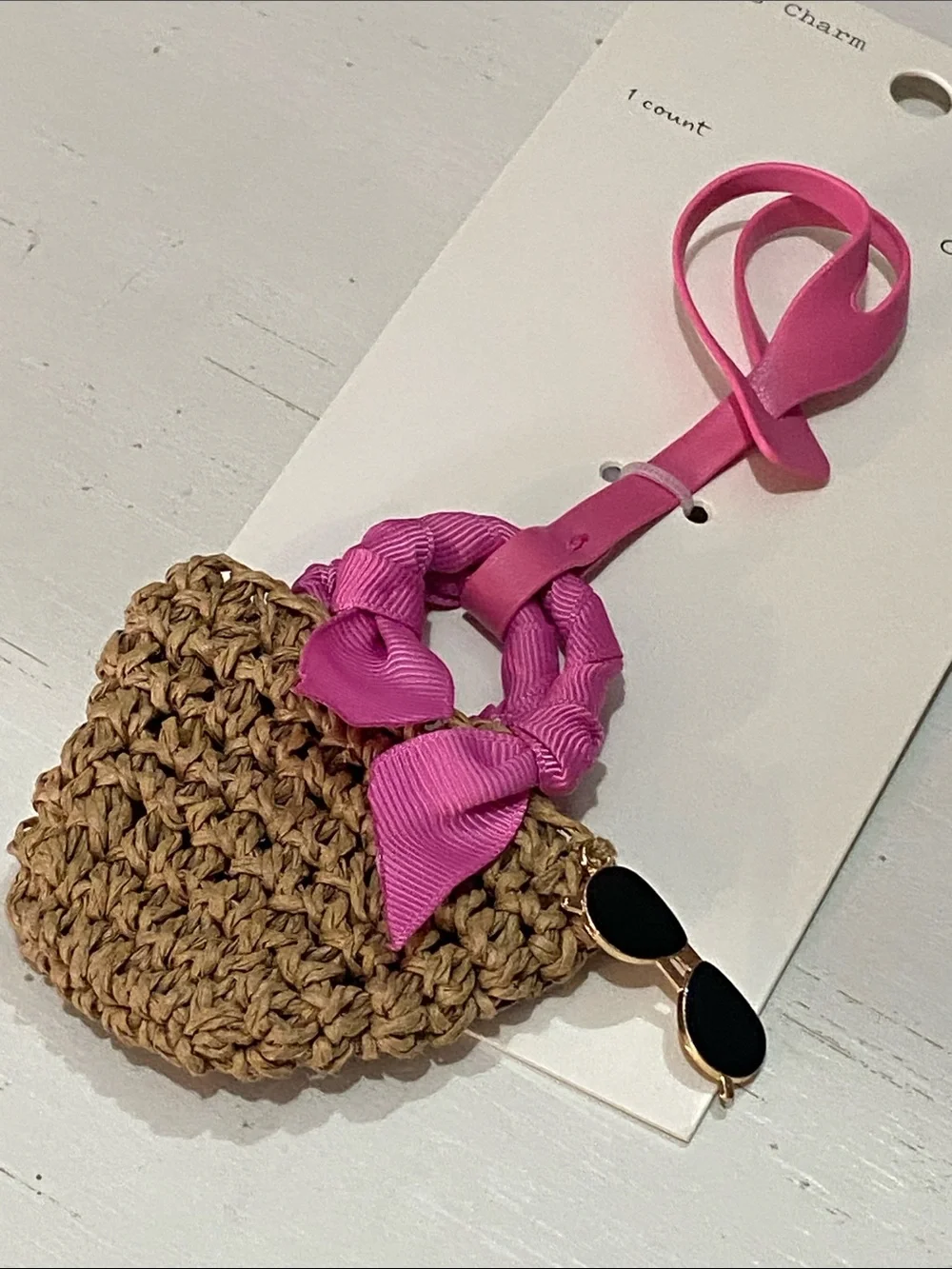 a new day - Pink Ribbon Straw Bag Charm with Black Sunglasses Accent